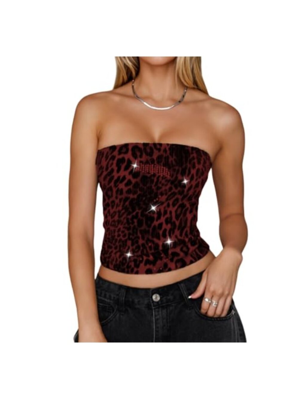 Women's Leopard Sequin Tube Top Strapless Double Lined Backless Crop